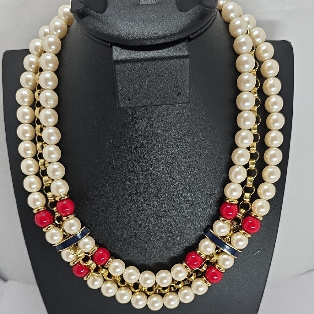 Cream and Red Double-Strand Pearl Necklace